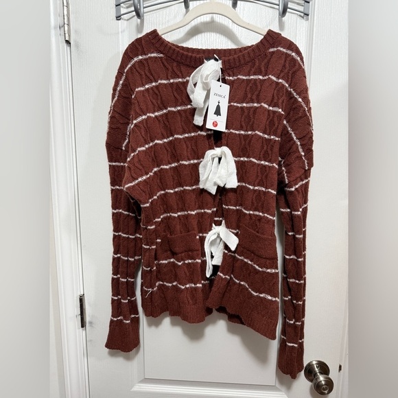 ZESICA Women's XL Front Cardigan Tie Front Loose Chunky cable Knit brown boho - Picture 1 of 16